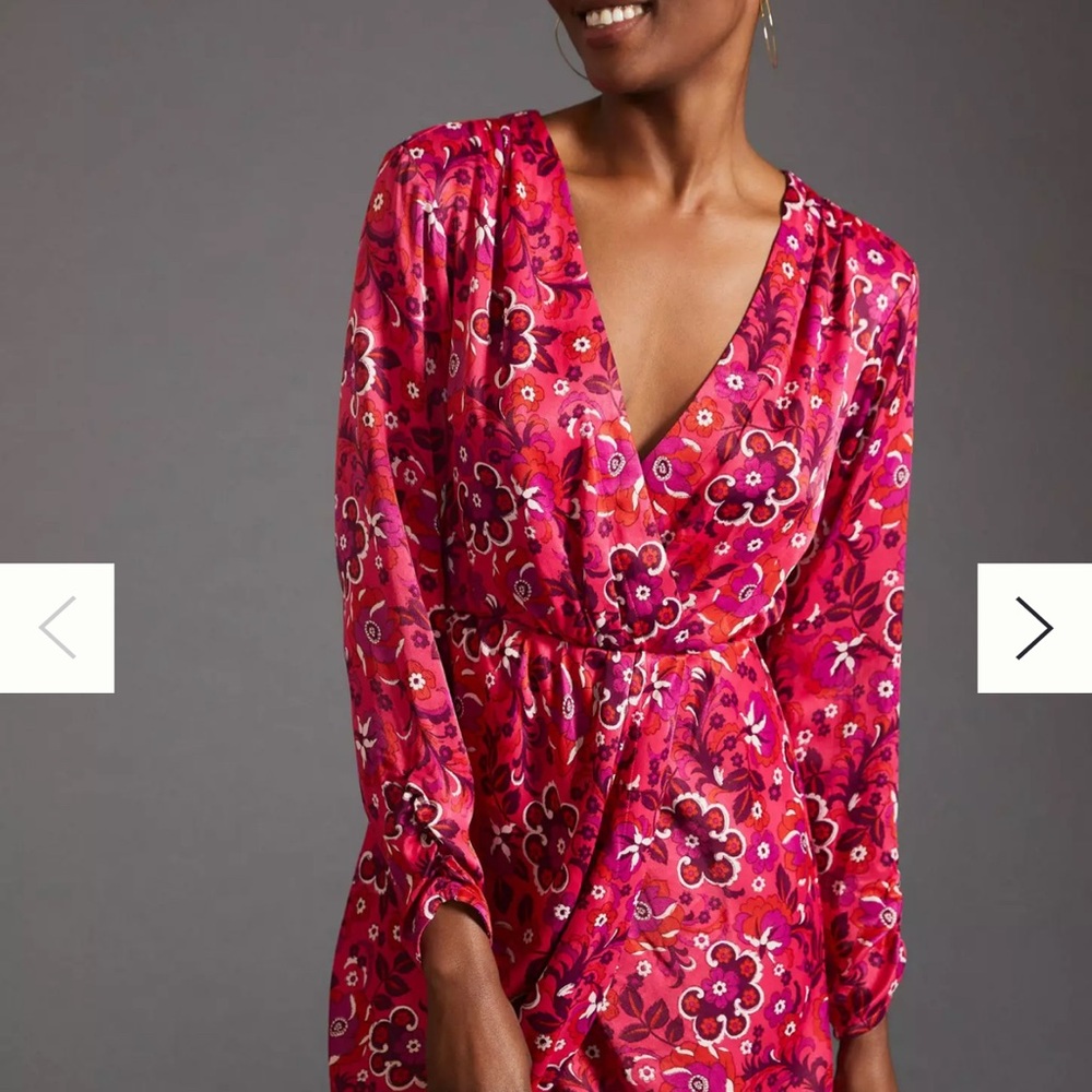 Anthropologie Maeve Pink Faux Wrap Floral Fit & Flare Mini Dress Women’s Size M